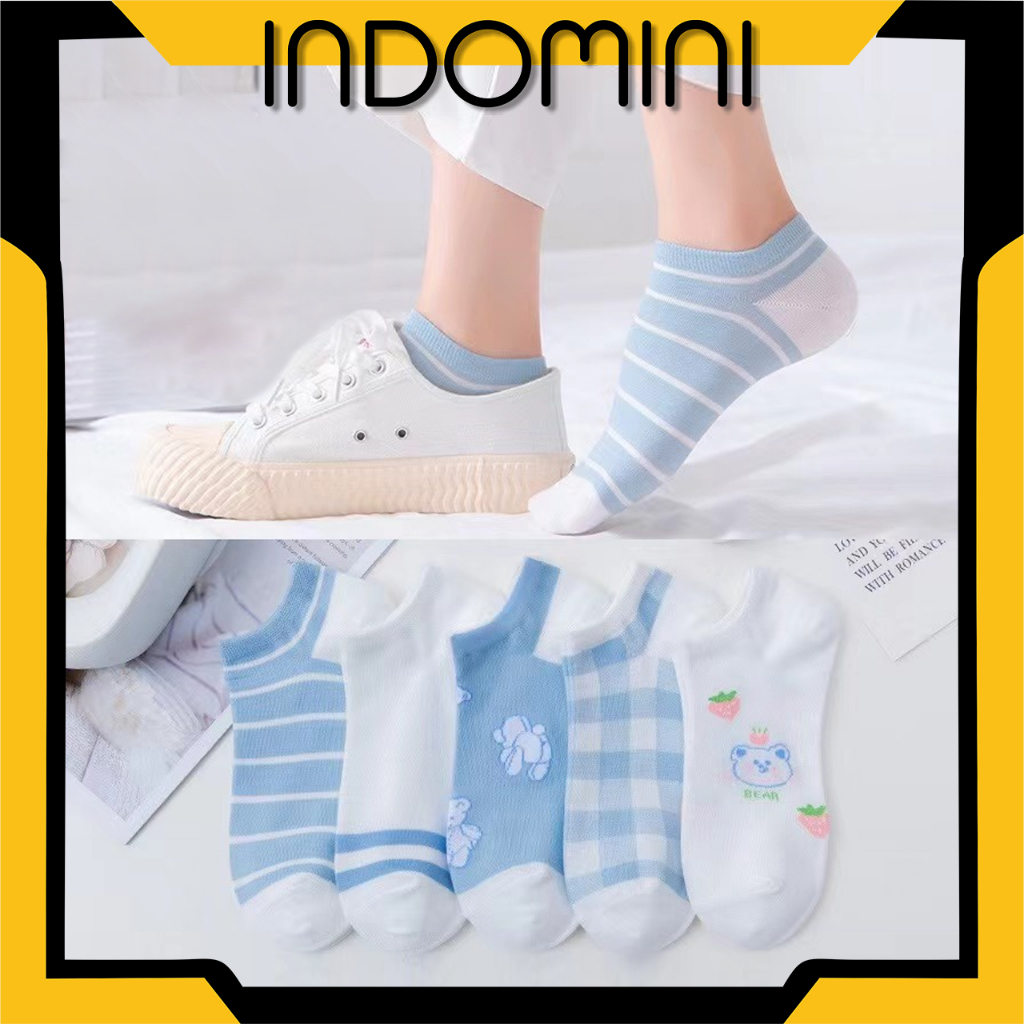 INDOMINI Kaos Kaki Motif Kotak kotak Biru Dengan Cetak Beruang Biru KK154