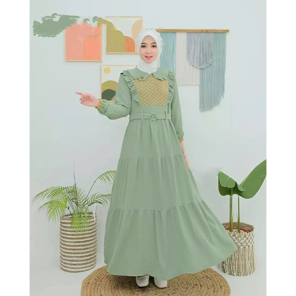 Monalisa Dress Gamis Kondangaaan Mewah Aplikasi Renda Ziper Depan Busui Bahan Crinkle