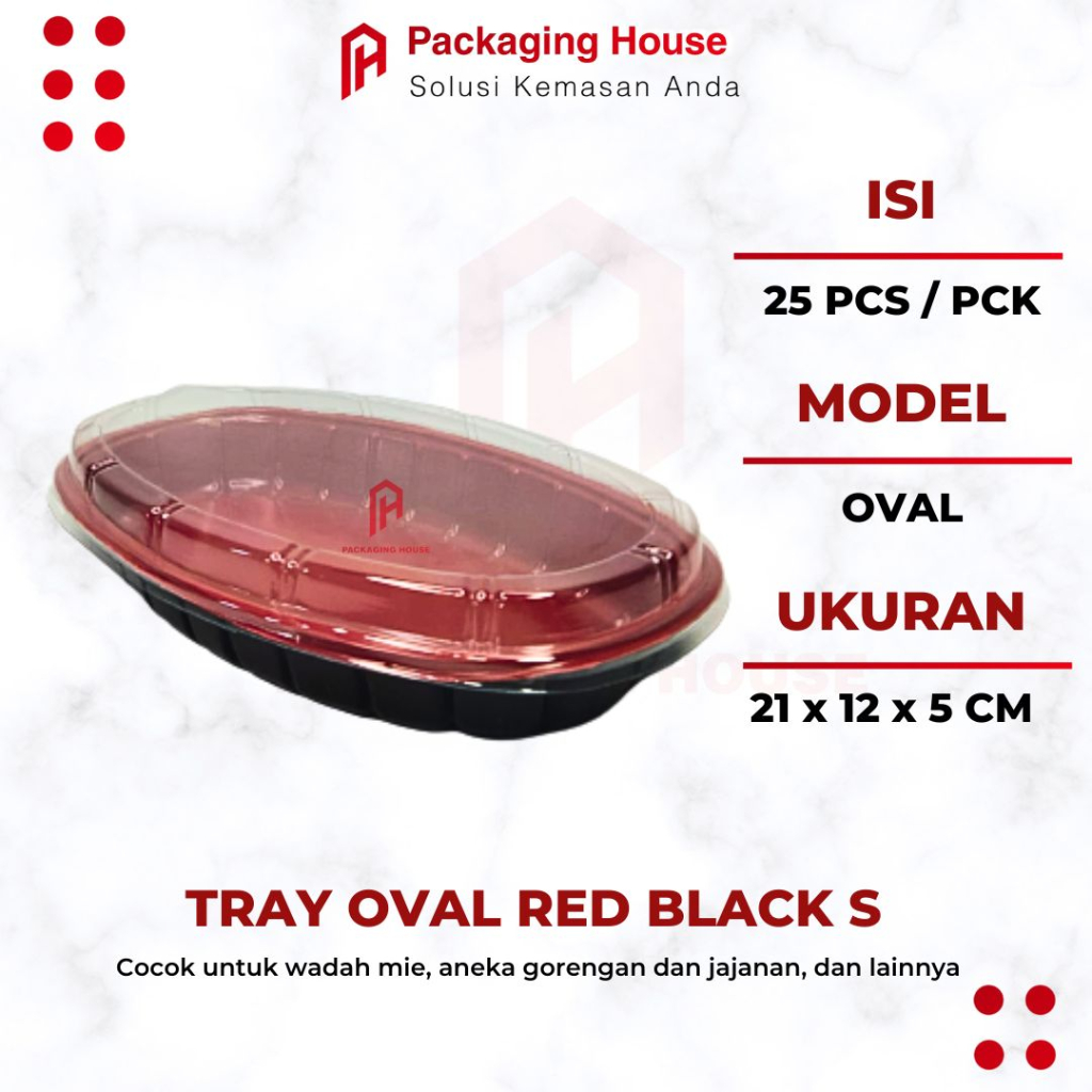 [ 25 Pcs ] Tray Spaghetti Mika Oval Box makanan Warna Hitam Merah + Tutup | Wadah Kemasan Plastik Mi