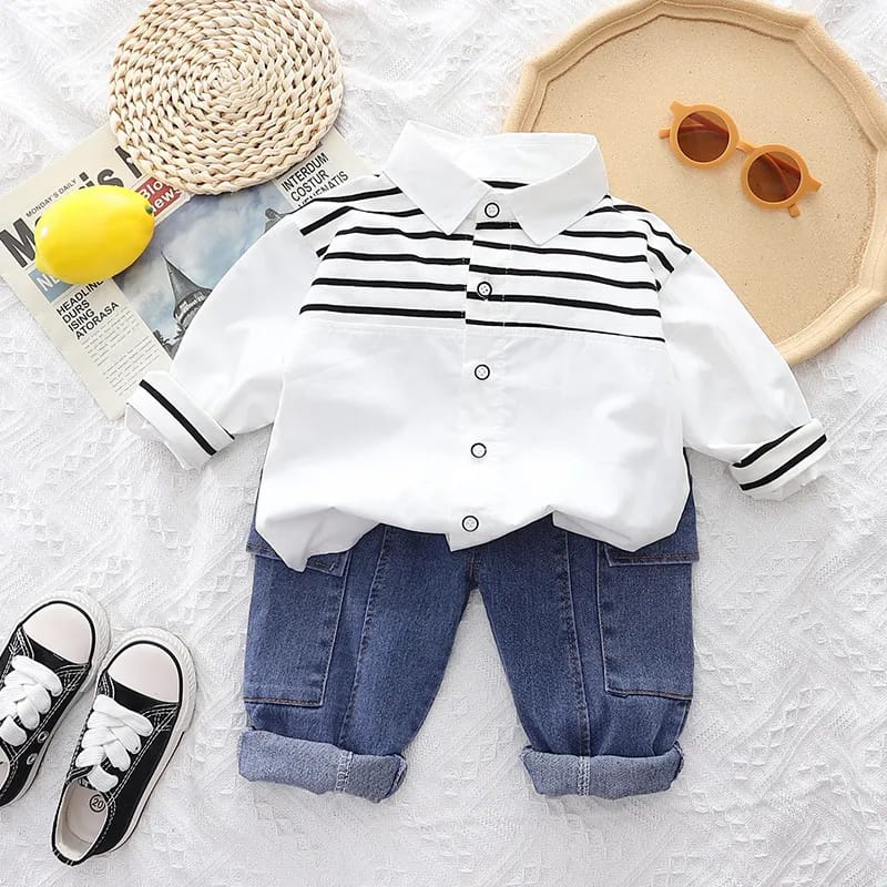 Setelan baju anak laki-laki 6 bulan - 5 tahun MOTIF GARIS HITAM &amp; PUTIH lengan panjang - babylovanta