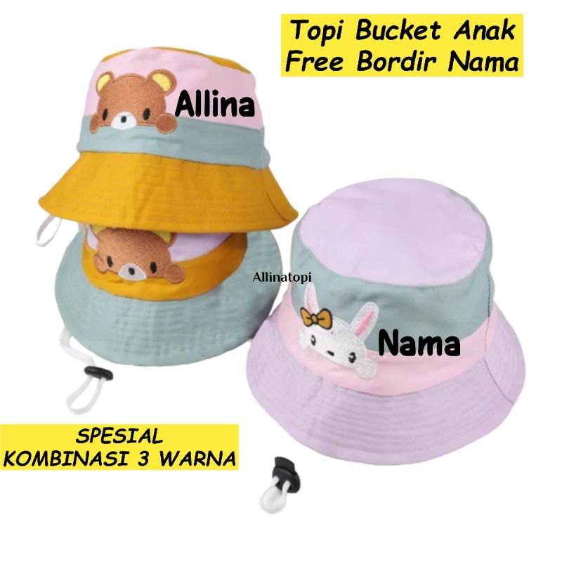 Topi Bucket Anak Kombinasi Tiga Warna Free Bordir Nama/Topi Bucket Anak Costum Nama