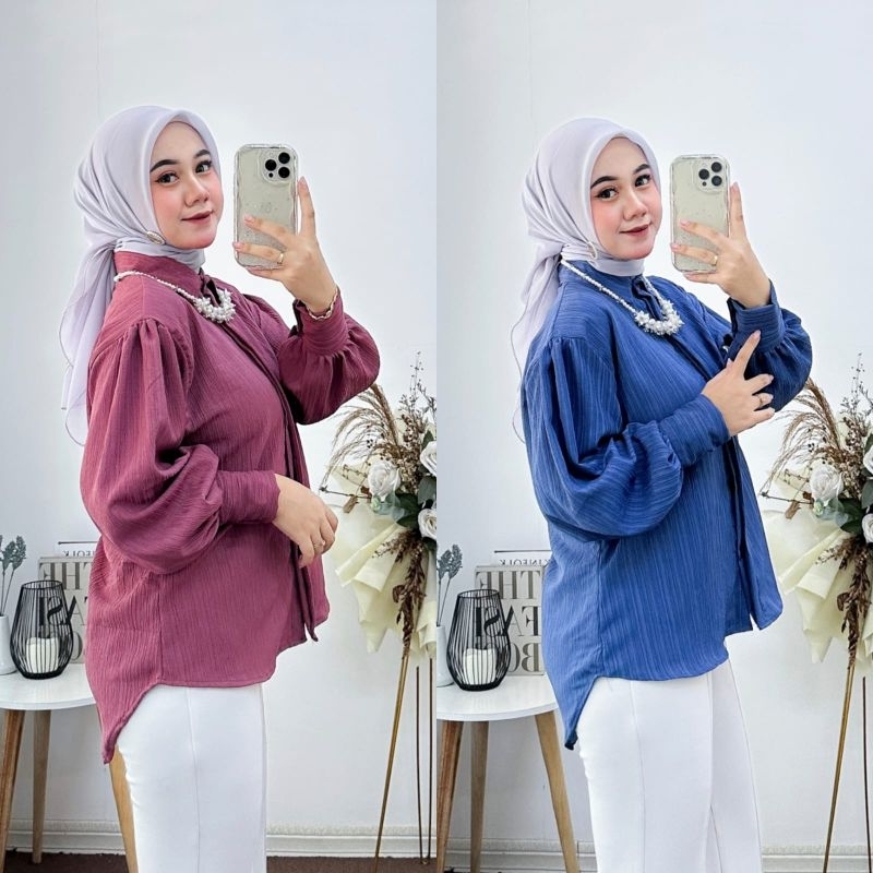 Premium Amora Shirt - Kemeja Wanita Oversize Basic Kemeja Blouse Lengan Balon Polos Baju atasan Kerja - Casual