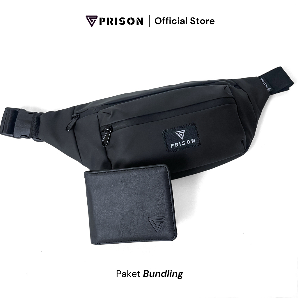 Bundling Waistbag Waterproof &amp; Dompet Pria Original by PRISONWEAR | Eldoge Black Cleo