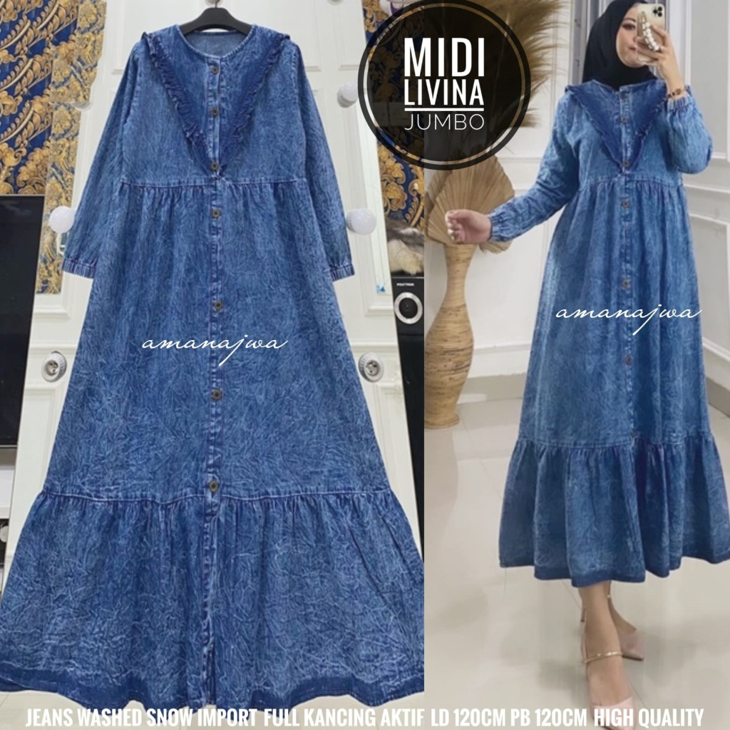 Luvina Midi Jumbo Gamis Midi Model Jeans Wanita Jeans Washed Snow Import Kancing Aktif Busui Gamis J
