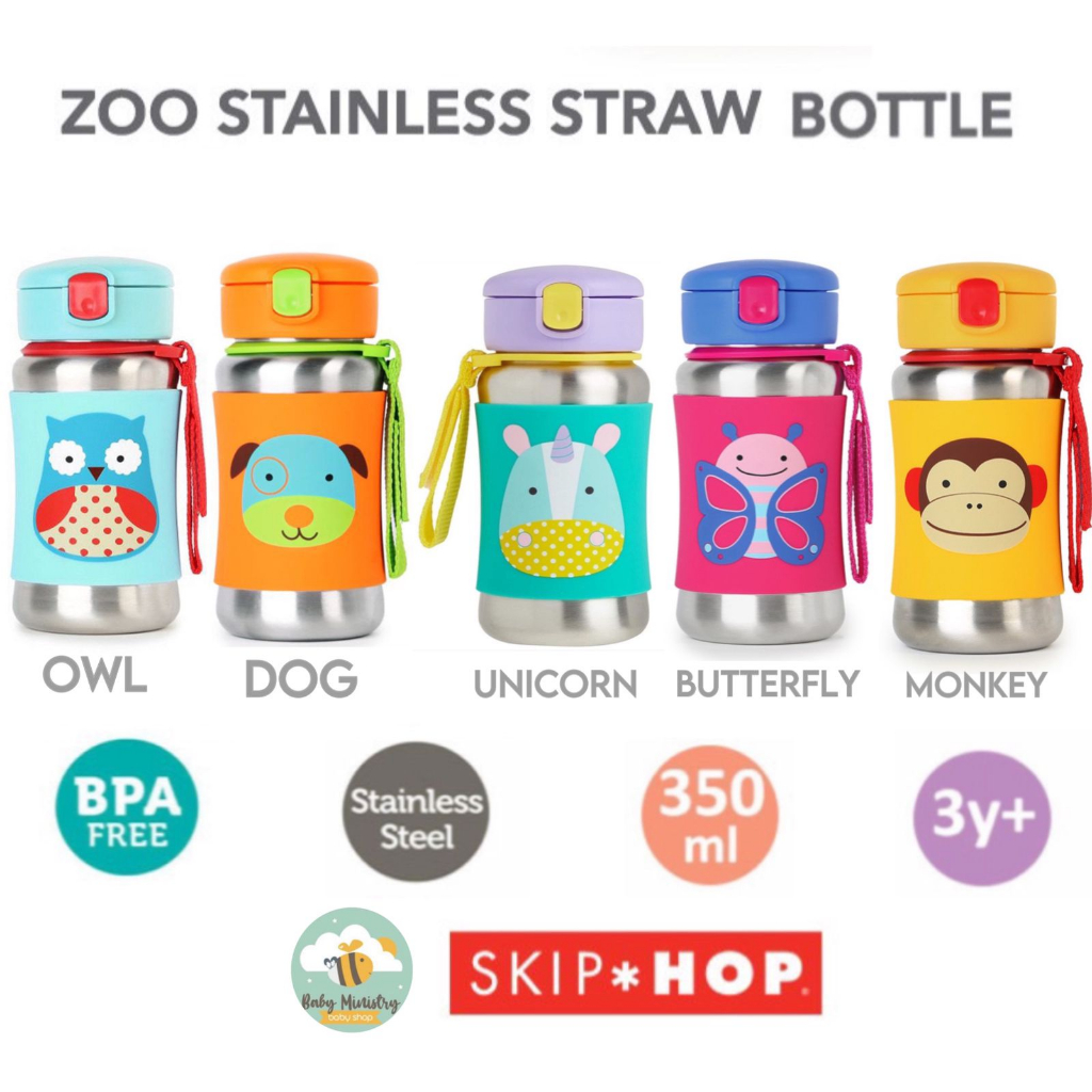 SKIP HOP Zoo Stainless Straw Bottle  (3Y+) Dengan Strap / Botol Minum Anak Stainless Steel  / Anti Karat/ SKIPHOP ZOO / SKIP HOP ZOO SS BOTTLE / Botol Minum Sekolah anak / anti tumpah/ Botol minum stainless anak lucu karakter /Tahan Lama Panas dan Dingin