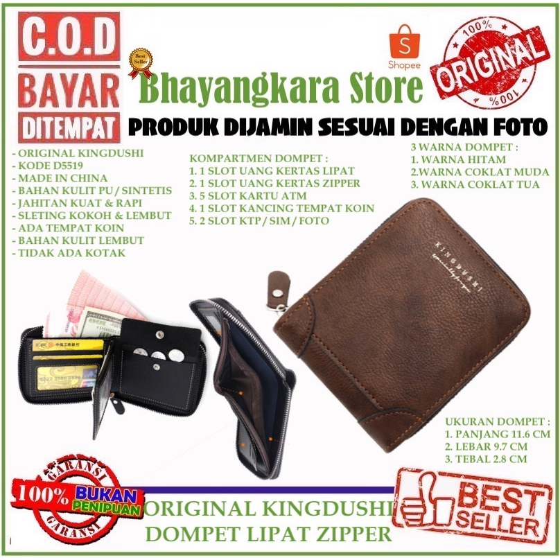 IMPOR KINGDUSHI D5519 DOMPET UANG LIPAT TEBAL ZIPPER BAHAN LEMBUT DITANGAN