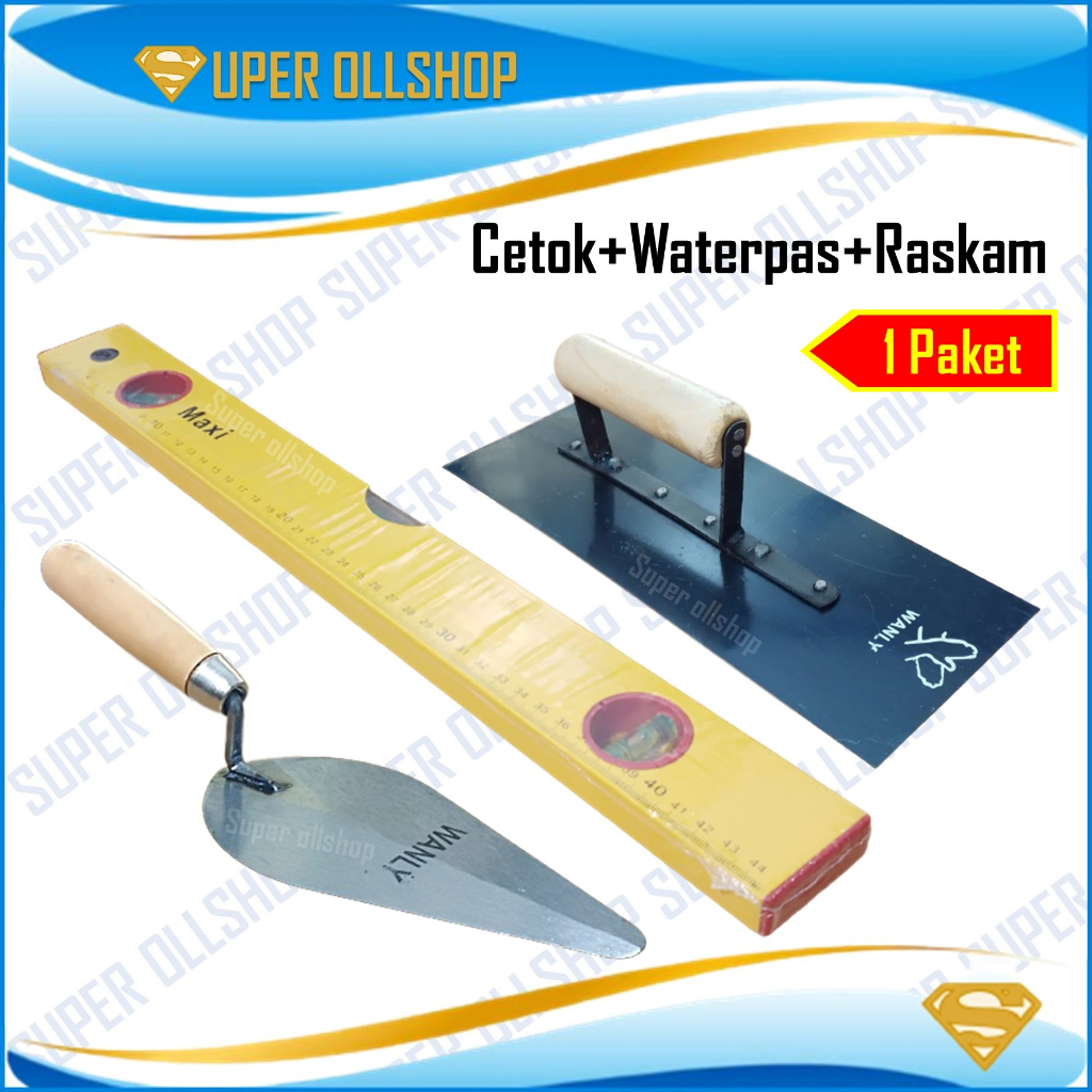 PAKET! Raskam Roskam Galur Alat Plestering Trowel Acian Sendok Semen Lancip Waterpass