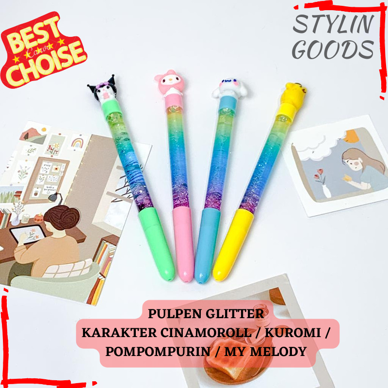 

READY STOCK PEN GEL TINTA HITAM GLITTER KARAKTER CINAMONROLL / KUROMI / POMPOMPURIN / MY MELODY / TERBARU