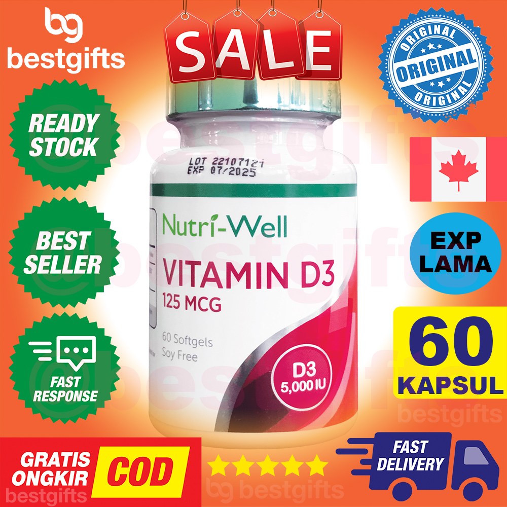 NUTRIWELL NUTRI WELL VITAMIN D3 5000 IU VIT D 5000IU ANTIOKSIDAN KEKEBALAN IMUNITAS TUBUH 60 SOFTGEL