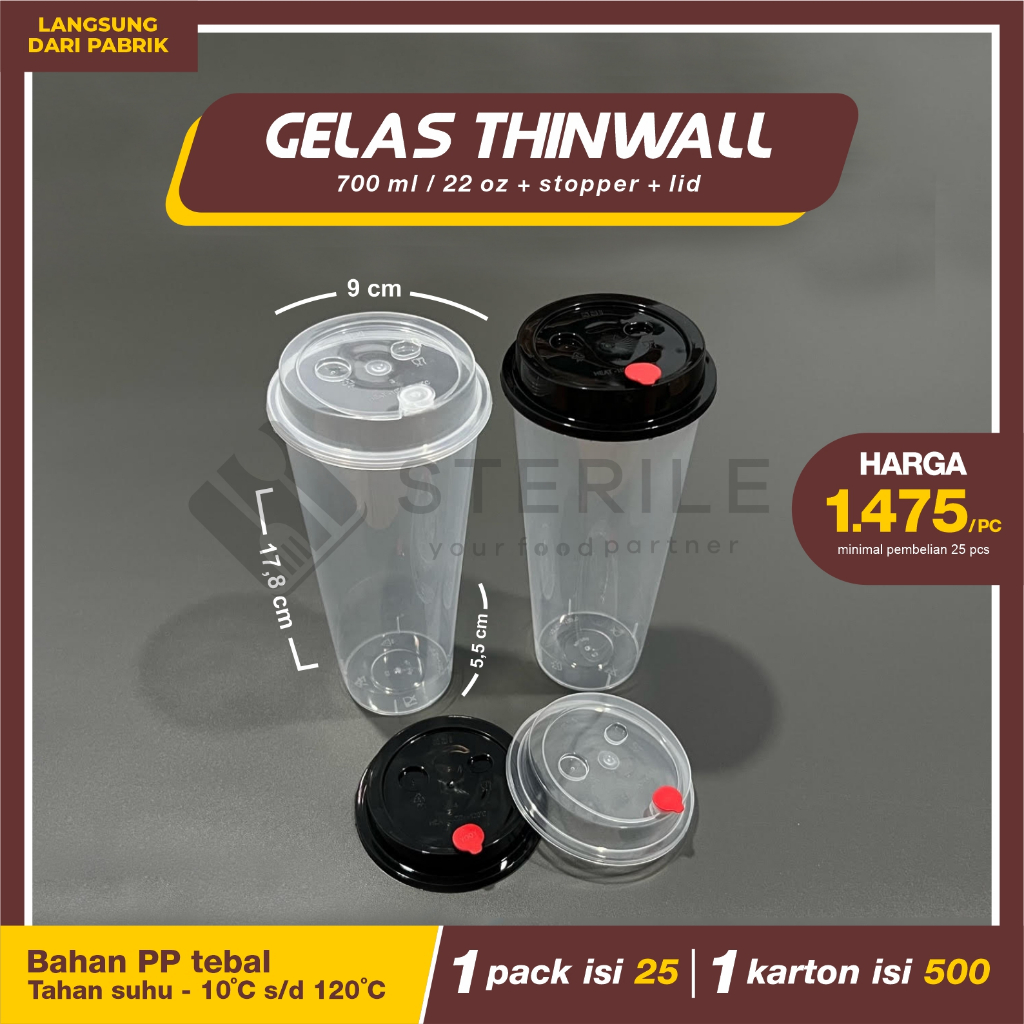 GELAS THINWALL OVAL 700 ML 22 OZ + TUTUP ISI 25 PCS / GELAS PP INJECT 700 ML / GELAS BOBA TEBAL