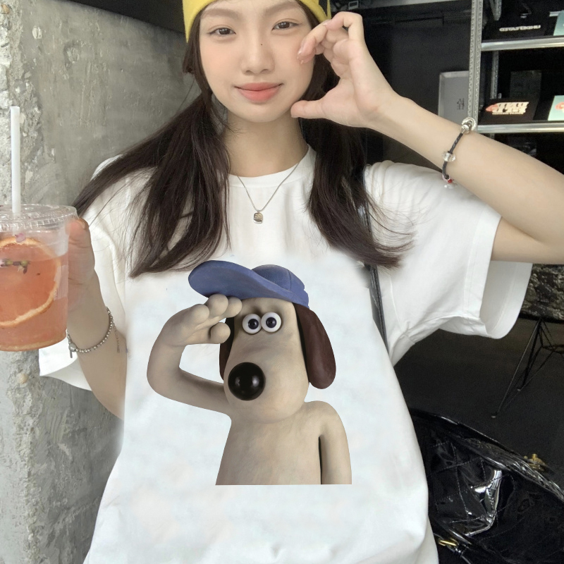 Print T-shirt Kaos Lengan Pendek Cartoon Saluting Dog Printing Oversize Atasan Wanita Korean Style