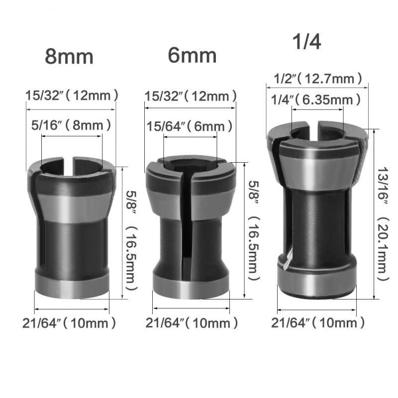 3pcs Adapter collet 6mm 6.35mm 8mm Collet Trimmer Adapter Chuck Collet Mesin Ukir Chuck Trimmer Collet