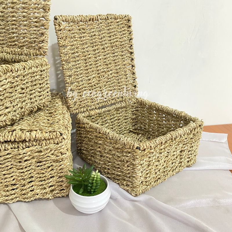 Hampers Square Seagrass Cover Flip / Kotak Hampers / Box Hantaran / Penyimpanan Anyaman Seagrass