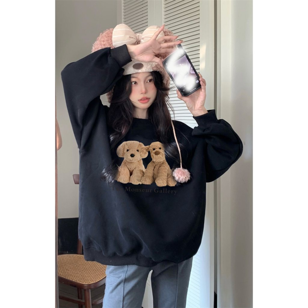 EUNII Sweater Lengan Panjang Cartoon Monseur Plush Dog Printing Korean Style/Sweater Crop/Baju Wanita/Switer Wanita/Switer