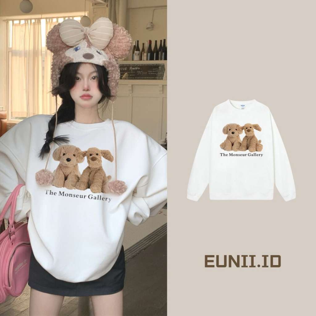 EUNII Sweater Lengan Panjang Cartoon Monseur Plush Dog Printing Korean Style/Sweater Crop/Baju Wanita/Switer Wanita/Switer