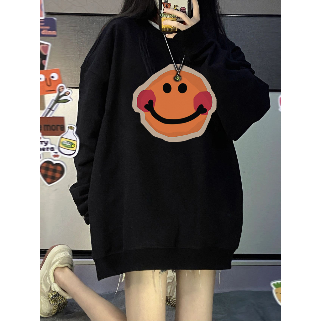 EUNII Sweater Lengan Panjang Cartoon Smile Printing Korean Style/Sweater Crop/Baju Wanita/Switer Wanita/Switer