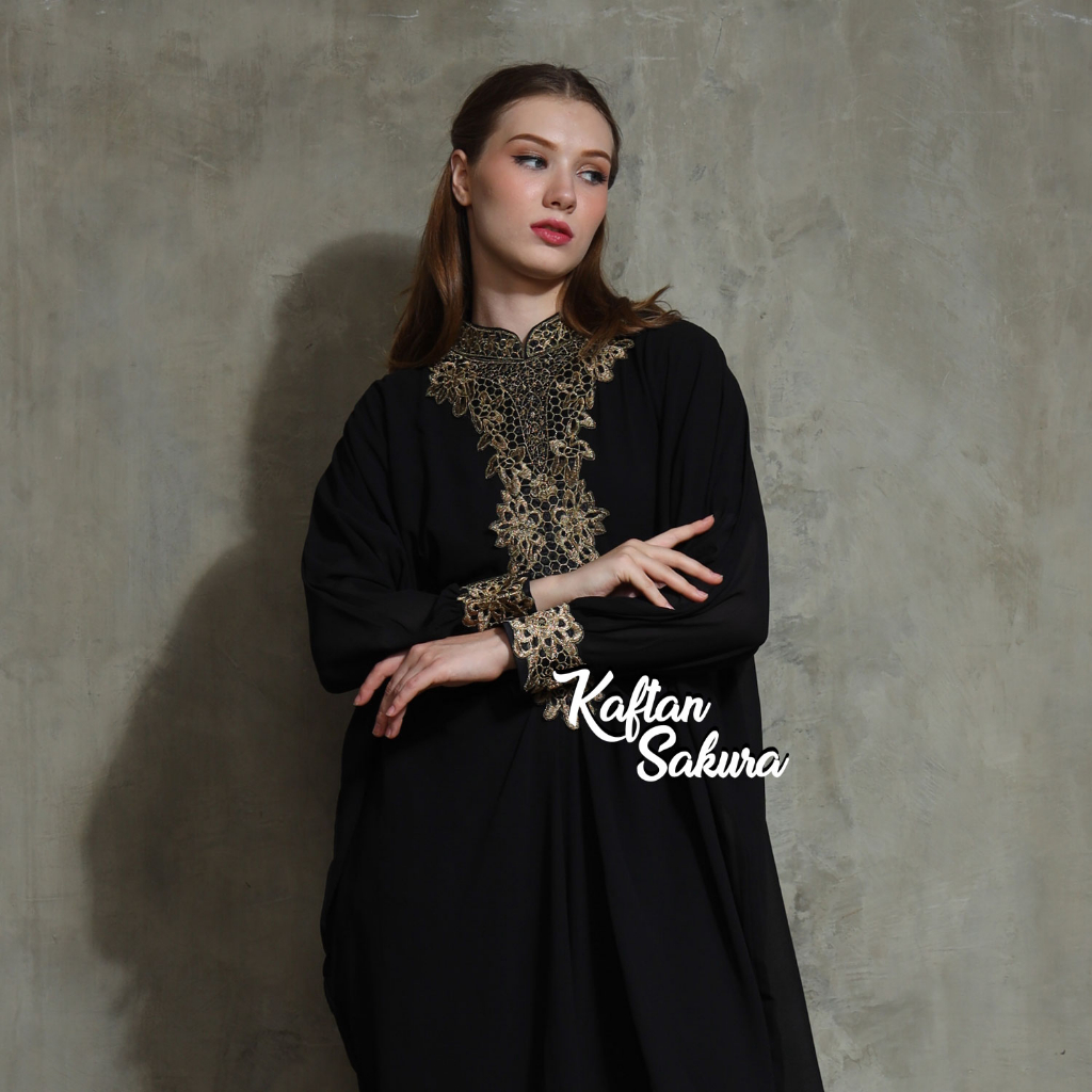 Kaftan wanita Bordir Gold motif Anggrek Mewah untuk Lebaran dan Pesta Warna Hitam Putih Pink Terbaru Best Seller termurah Grosir