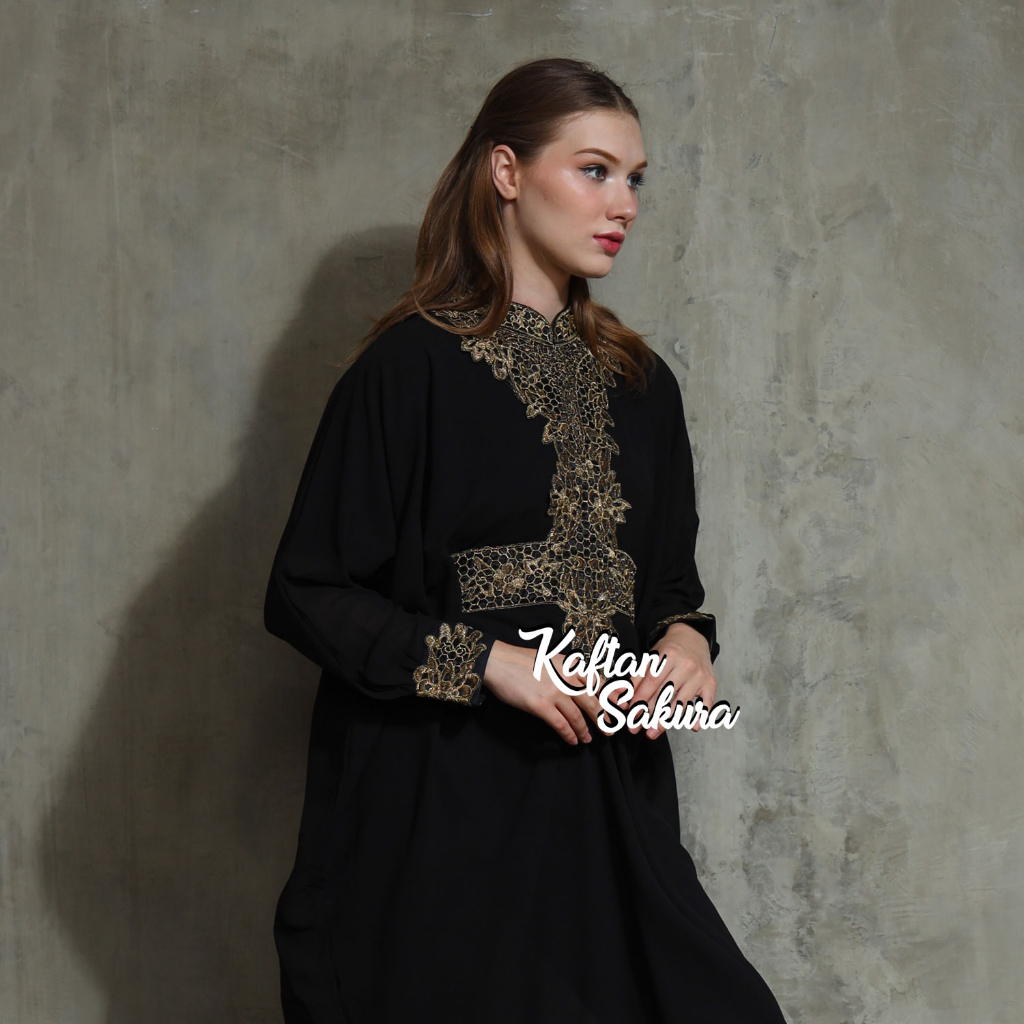 Kaftan wanita Bordir Gold motif Anggrek Mewah untuk Lebaran dan Pesta Warna Hitam Putih Pink Terbaru Best Seller termurah Grosir