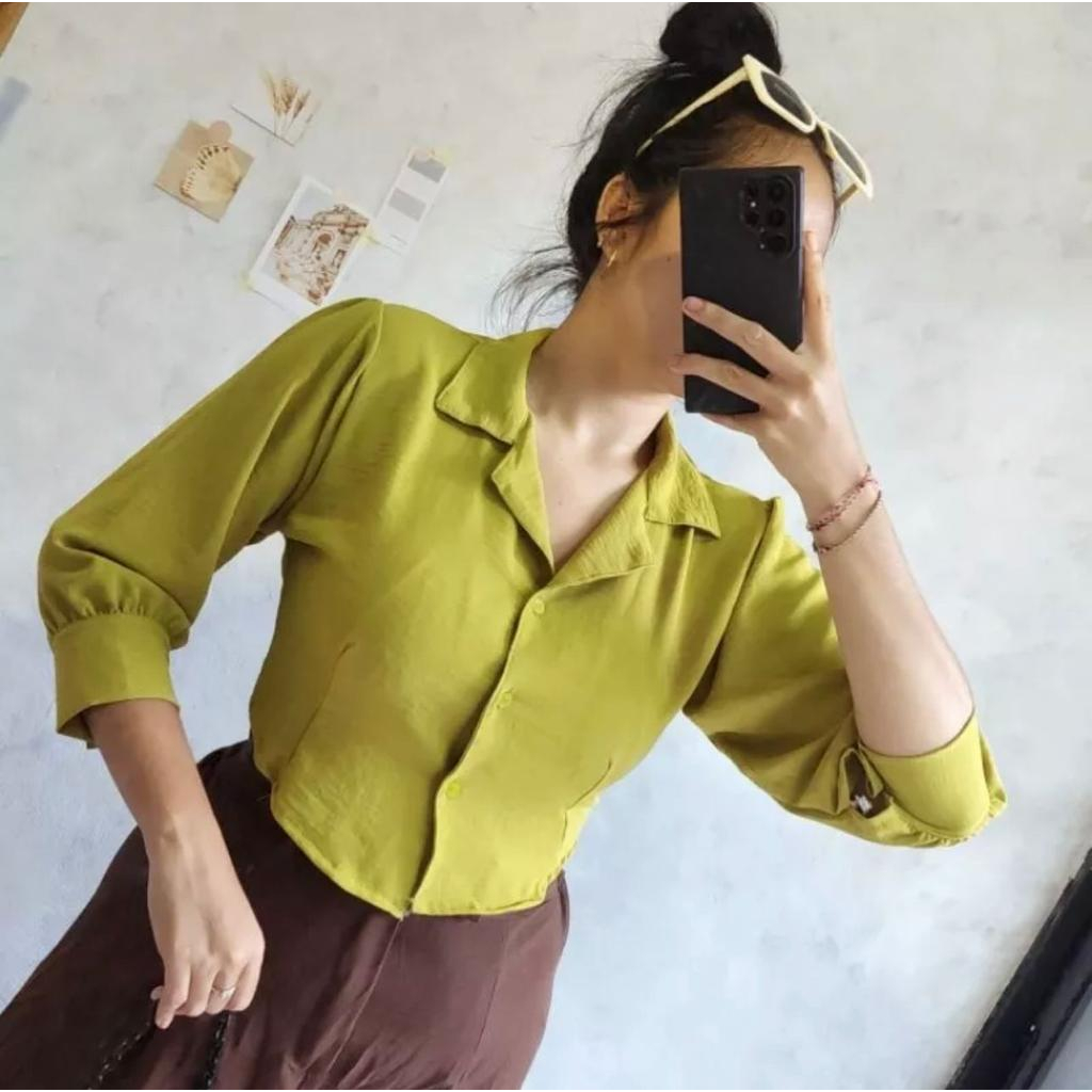 Priscilla Kemeja Crop Top Puff Cotton Gangnam - Atasan Baju V-Neck Top Blouse Vneck Shirt Katun Fashion Wanita Outfit Hangout Kekinian