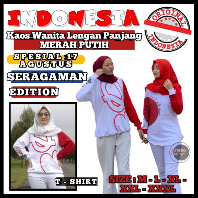 ORIGINAL Kaos Merah Putih Lengan Panjang Wanita Size M-xxxL Special 17 Agustus // Kaos Seragaman Agustusan anggosae