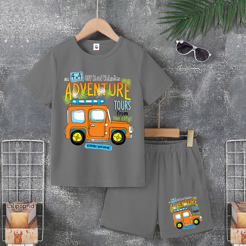 Baju Anak Stelan Usia 4-10 Tahun adventure Kaos 3/4 Cowok Cewek  Celana Pendek Harian