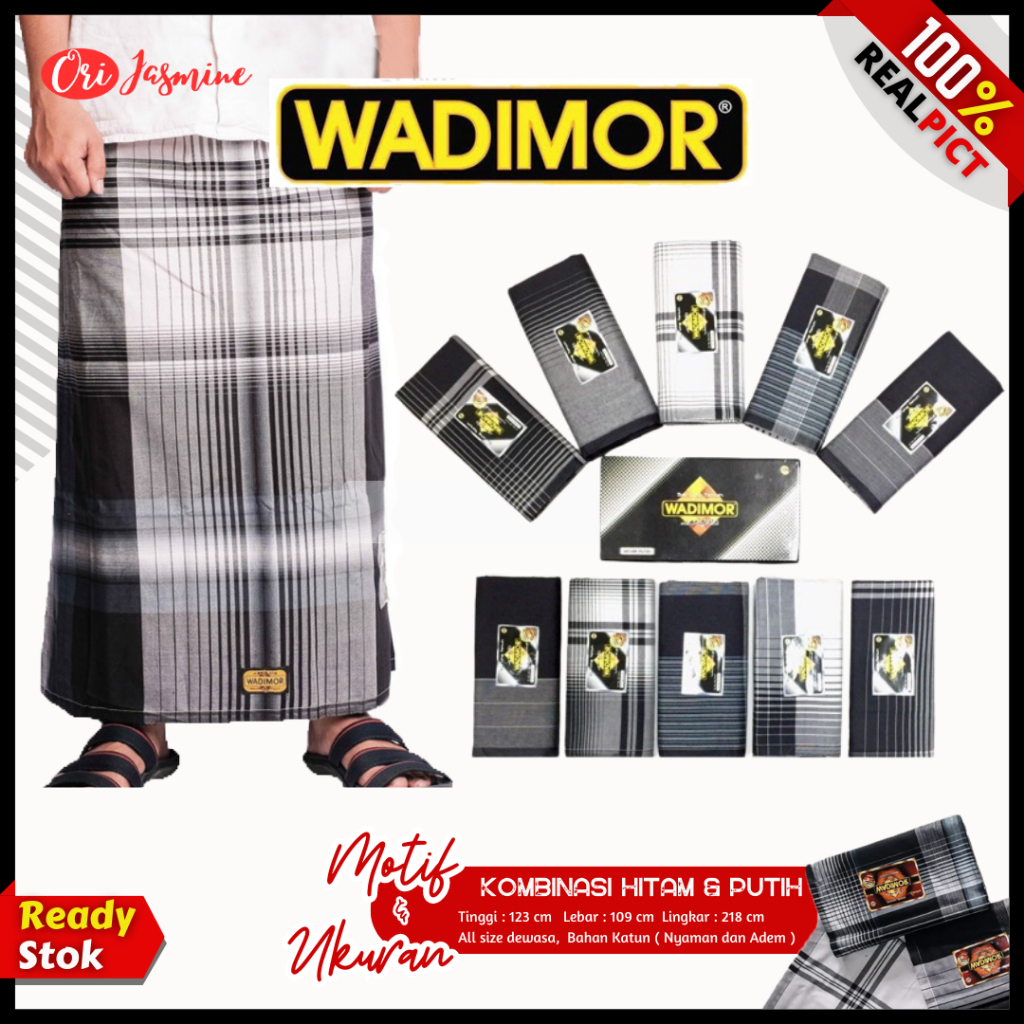 Sarung WADIMOR Motif Hitam Putih Warna Black White HP - Kain Tenun Dewasa Pria Laki Santri Solat Pesantren Sholat Remaja Tanggung