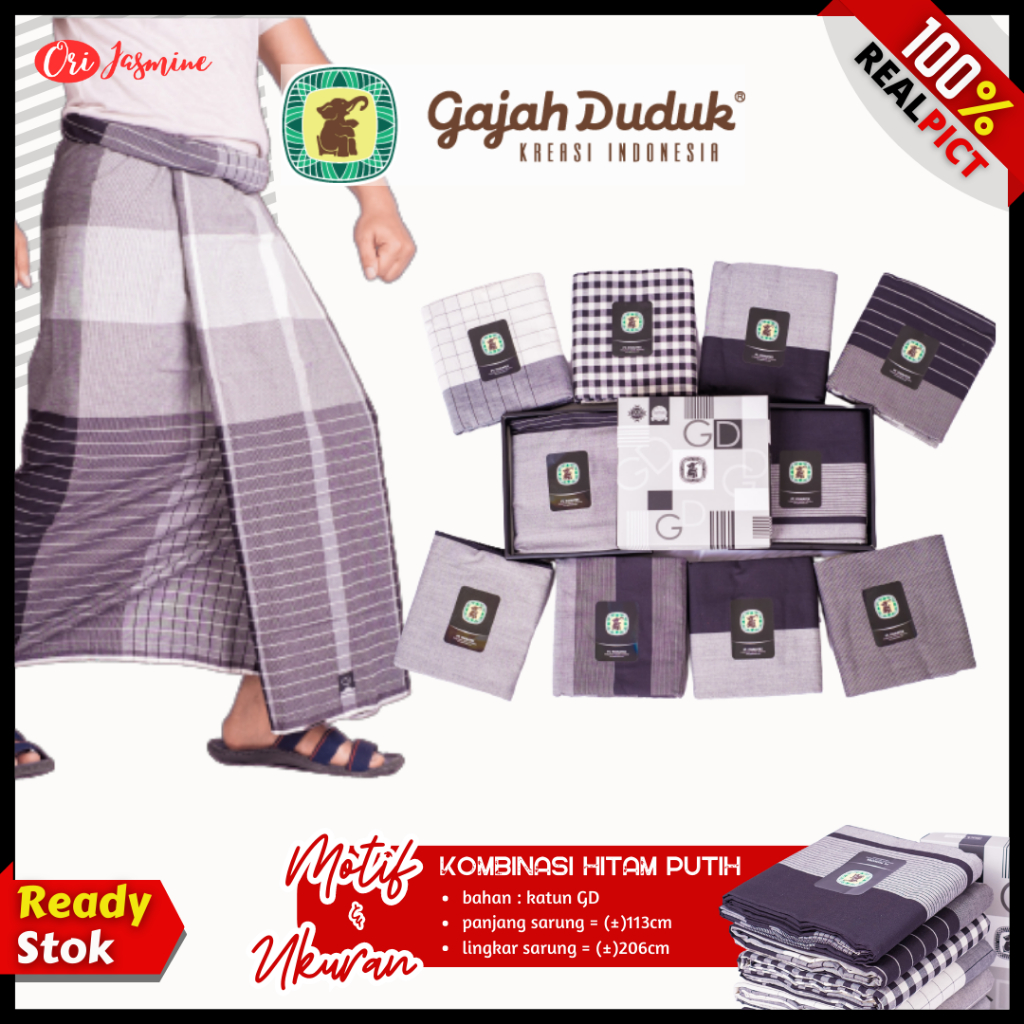 Sarung Gajah Duduk Black &amp; White - Hitam Putih Kain Tenun Motif Dewasa Pria Laki