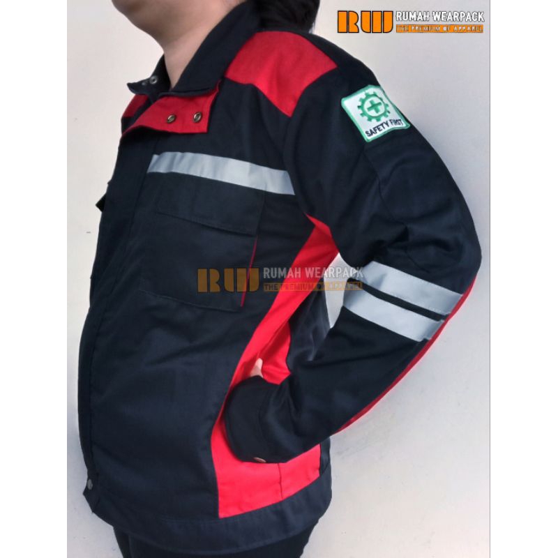 Semi Jaket Atasan Kerja Wearpack Proyek Warna Navy Kombinasi Merah