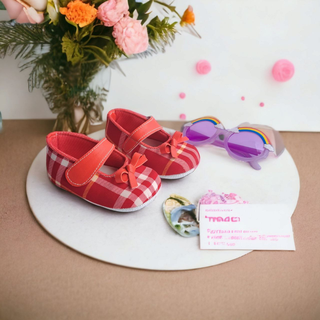 Sepatu Bayi Usia 0 6 Bulan Prewalker Balet Pita Kotak Kotak Baby Shoes Perempuan MERAH