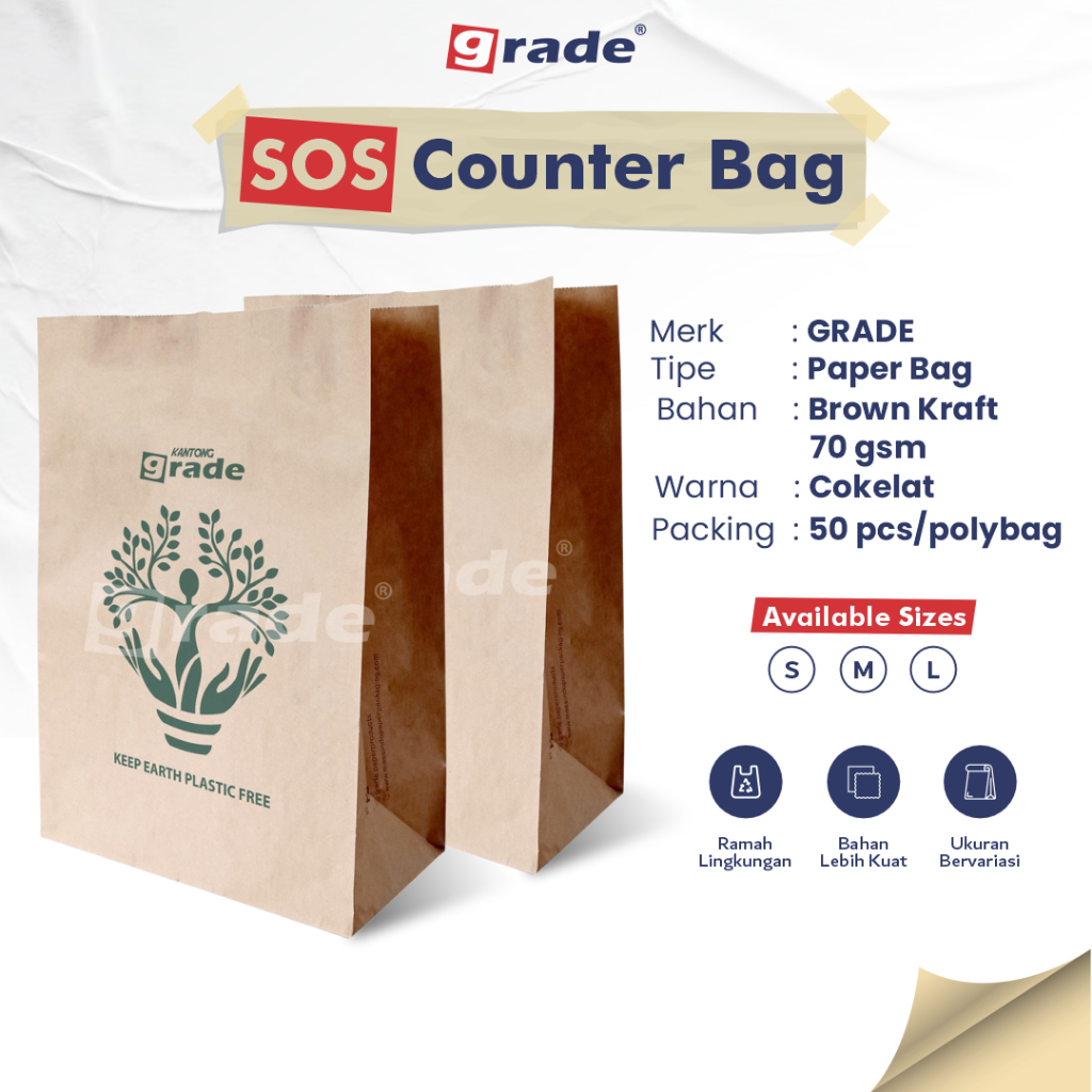 

GRADE Kantong Kertas SOS Paper Bag Polos & Motif Warna Coklat Bungkus Makanan Belanjaan