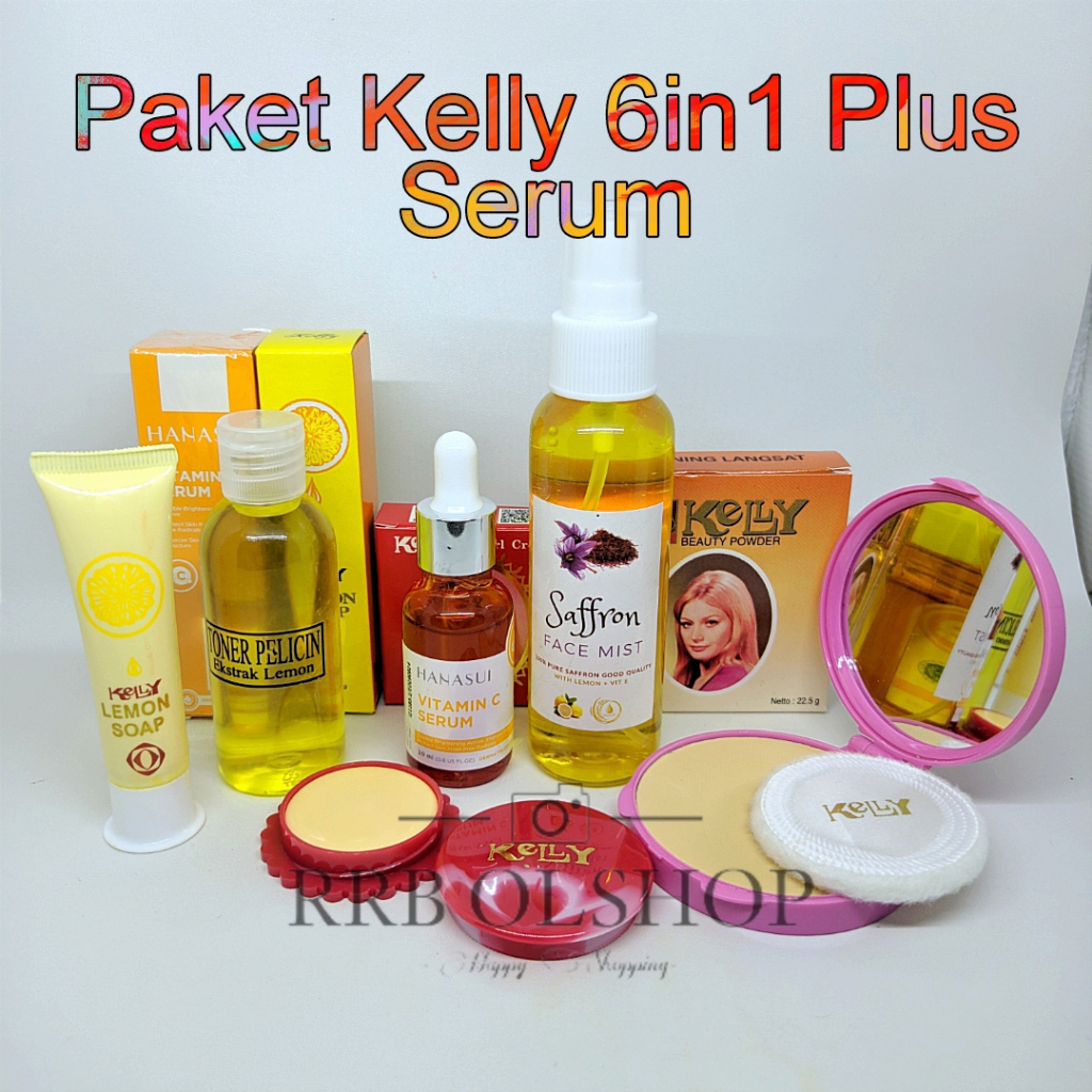 Paket Kelly Kosmetik Lengkap 6in1 Serum Vitamin C ( Cream Sabun wajah Bedak Toner Serum Spray )
