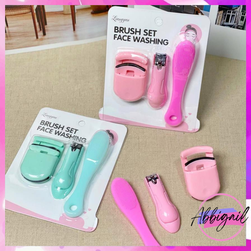 Brush Set Face Washing 3in1 / Pembersih Wajah Silikon / Gunting Kuku / Penjepit Bulumata 1281