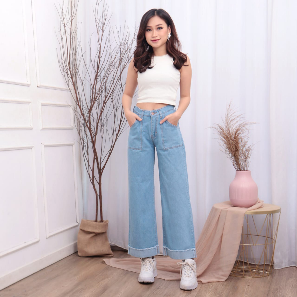 HOPYLOVY - Celana Boyfriend Jeans Kulot Wanita Stik Balik Lionel