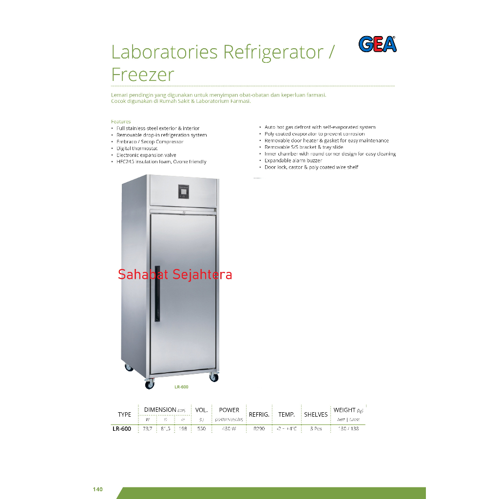 GEA Laboratories Refrigerator LR-600 Kulkas Untuk Penyimpanan Obat Laboratorium