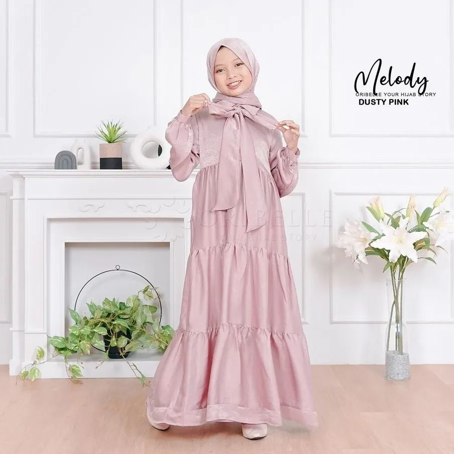 Bajurancak Baju Gamis Muslim Anak Tanggung Terbagus 2023 Usia 8 9 10 11 12 13 14 Tahun Melody Dress Kids + Pashmina Dress Muslim Syar'i Anak Perempuan 2in1 Matt Satin Silk Polos