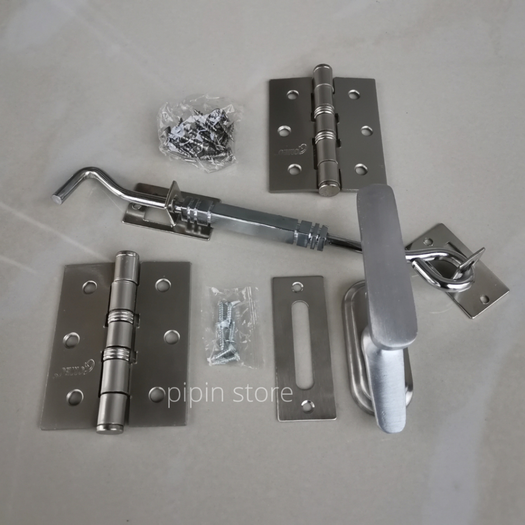 Paket Engsel Jendela Kayu 3 Inch 1 Set - Hak Angin Cantolan Penahan Jendela Stainless - Rambuncis Kunci Jendela Kayu Grendel Panolet Besar Lengkap