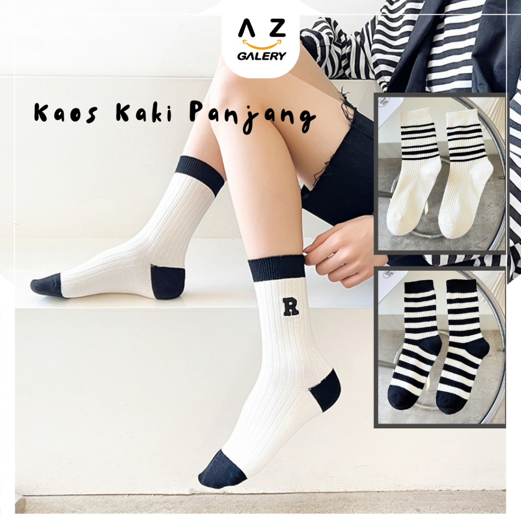 Azgalery / Kaos Kaki Panjang Sebetis Unisex Kaos Kaki Model Kekinian Kaos Kaki Wanita Kekinian Import Bahan Nyaman KK27