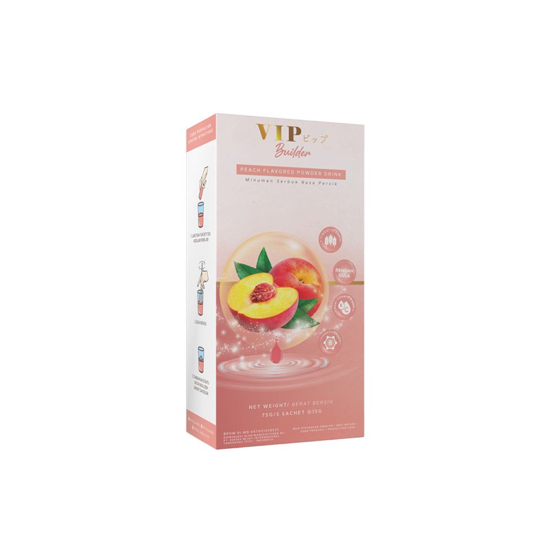 VIP Builder Collagen Peach Plant based minuman kolagen kecantikan kulit pink vegan vegetarian box travel 5 15 sachet