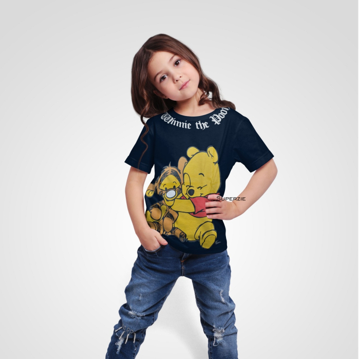 Baju Anak premium Lengan Pendek Lucu Unisex Motif SL POOH NAVY three point airlane rgkids