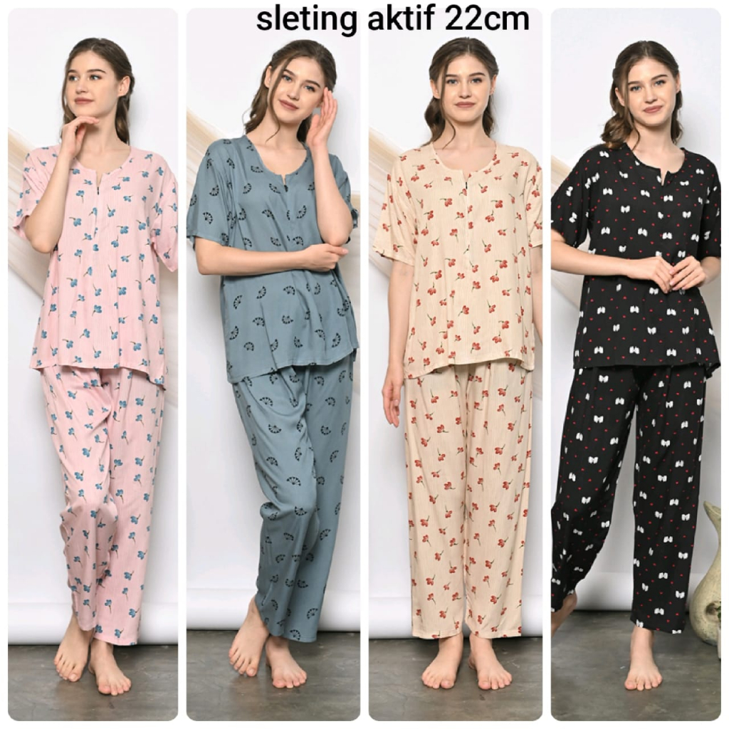 ONE SET PIYAMA RAYON STELAN CELANA PANJANG LENGAN PENDEK SLETING AKTIF