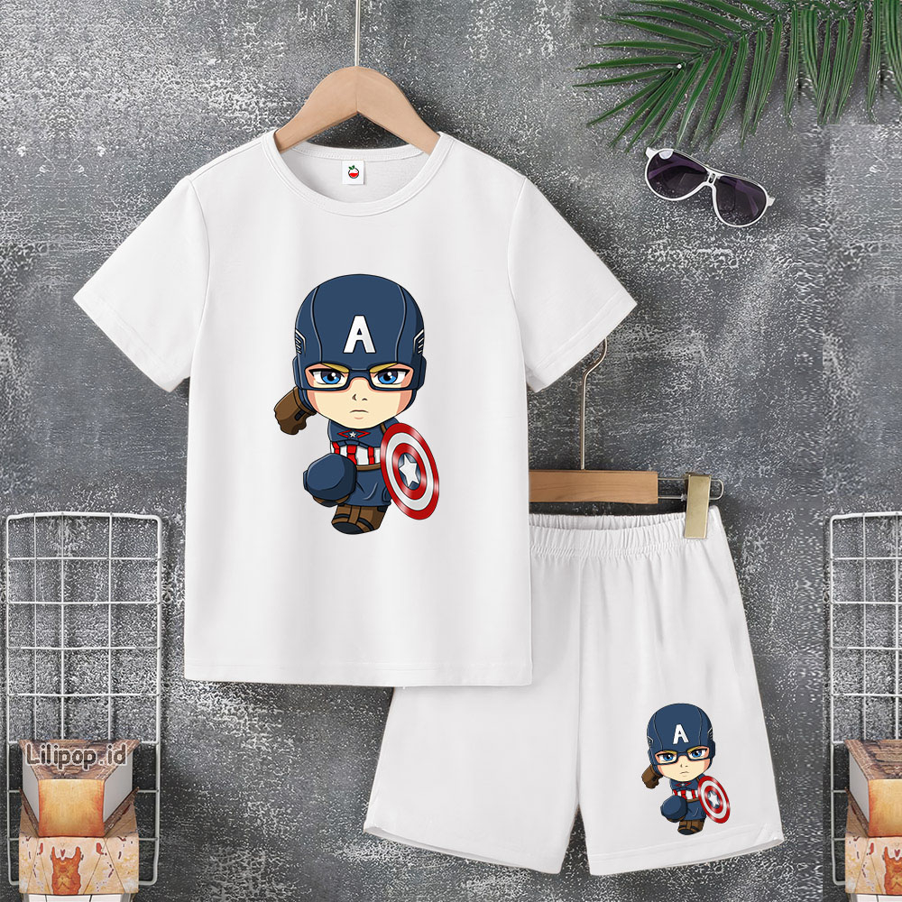 Baju Anak Stelan Usia 5-10 Tahun CAPTAIN AMERIKA Kaos 3/4 Cowok Cewek  Celana Pendek Harian