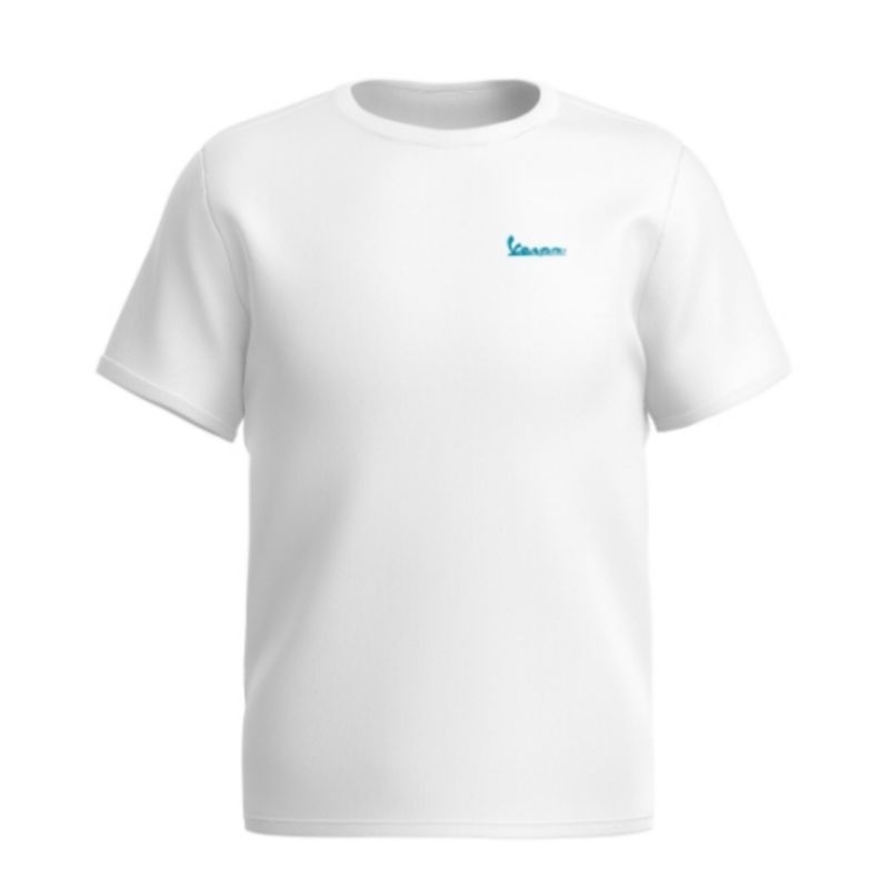 Kaos Vespa leher bulat warna PUTIH logo Vespa Bordiran warna BIRU