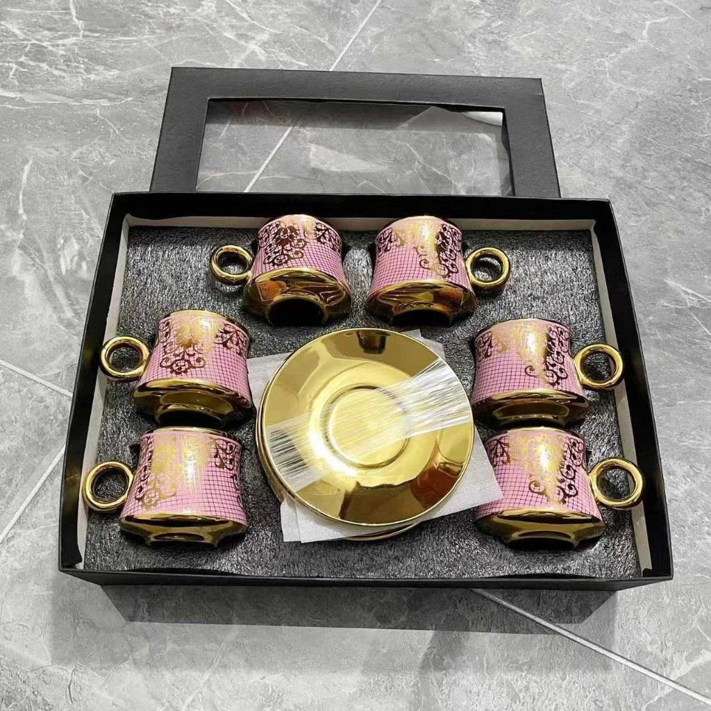 Set Cangkir Keramik 6 in 1 Tea Coffee Cup Turkish Style 100ml Cangkir Teh Kopi Desain Otentik Material Berkualitas