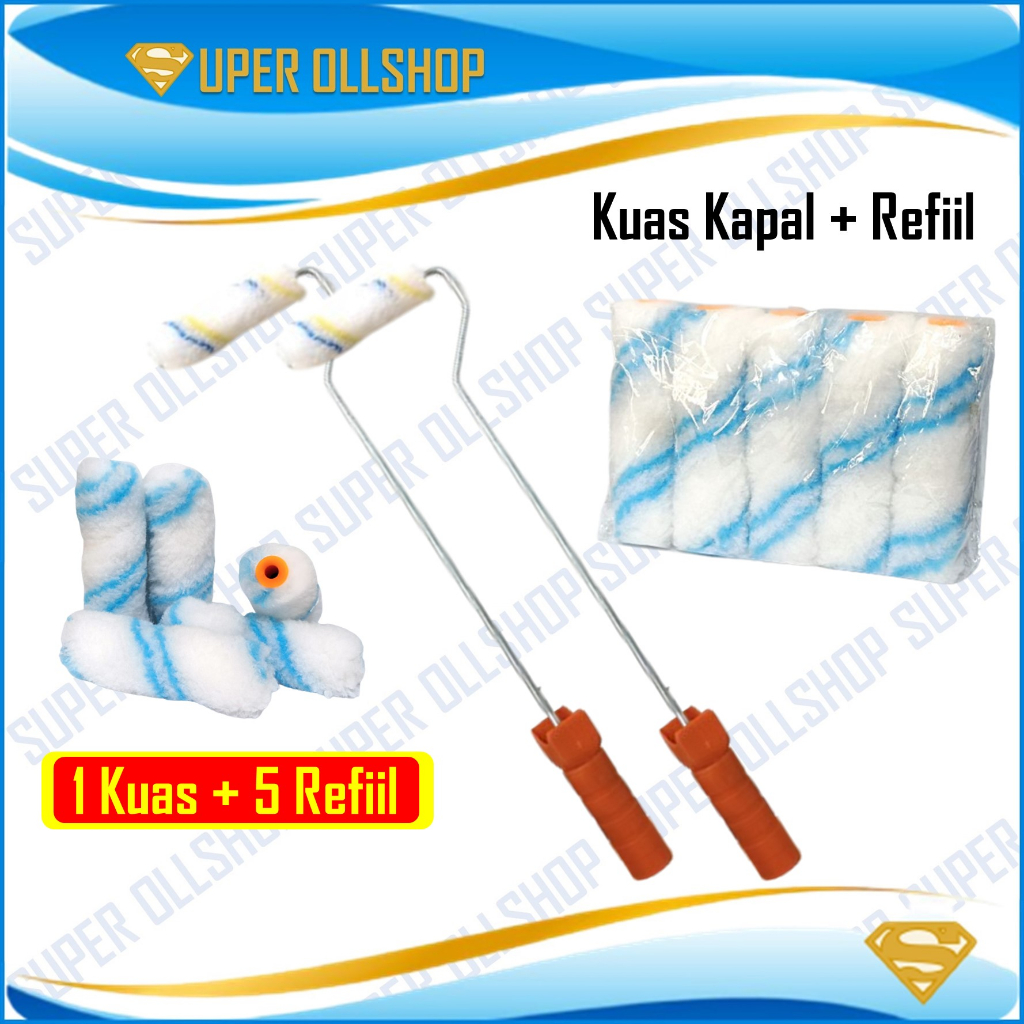 PAKET! Kuas Roll Kapal Kecil 4 inch Kuas Rol Kapal Cat Kecil Gagang Panjang Bulu Kuas Roll Tebal Murah + Refiil Bulu Kuas Rol