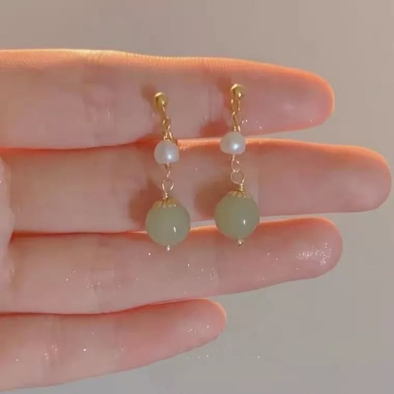 FerenHongXia Anting Liontin Giok Alami Aksen Mutiara Untuk Wanita