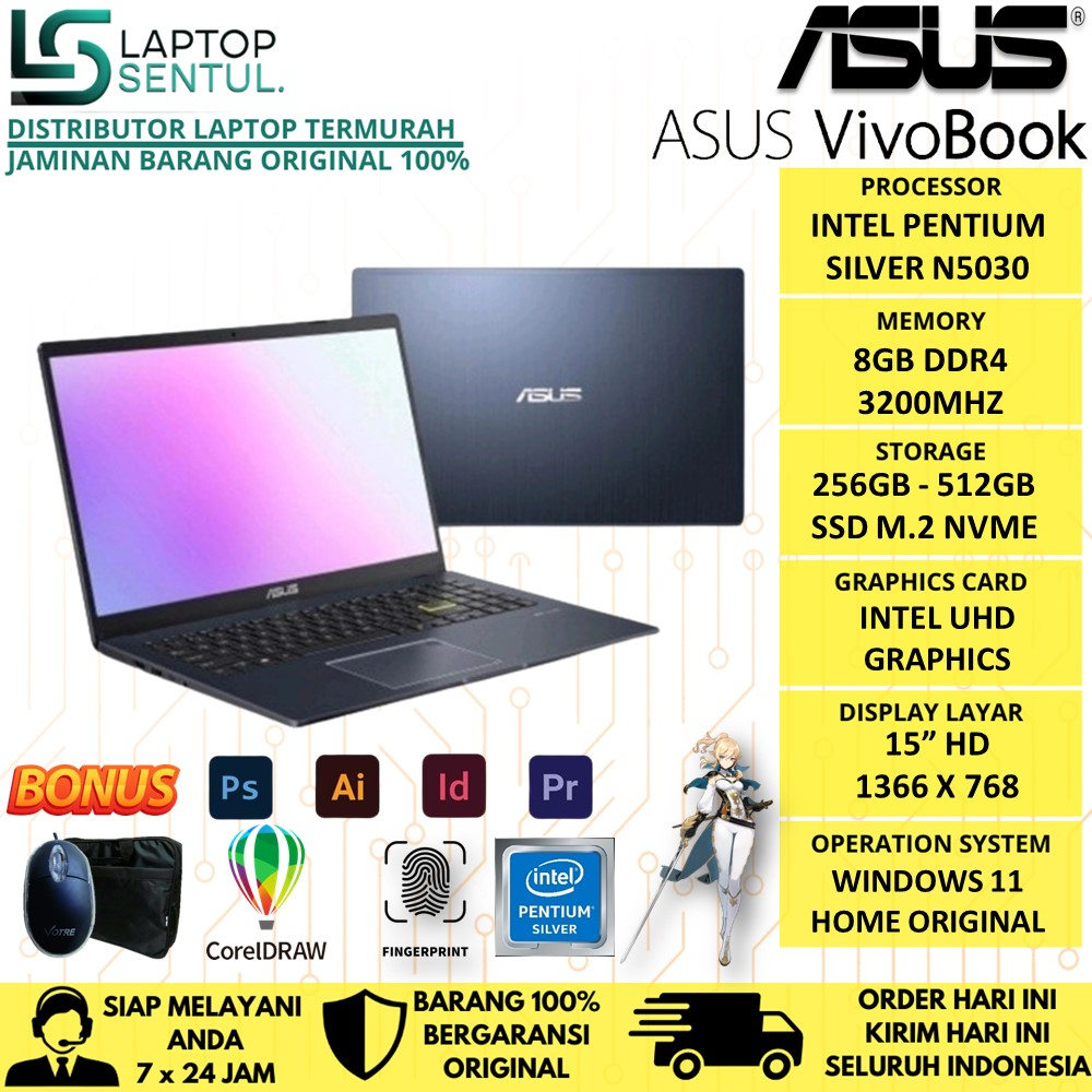 LAPTOP SLIM ASUS VIVOBOOK E510MA INTEL N5030 8GB 512GB 15.6 WINDOWS 11 HOME ORIGINAL