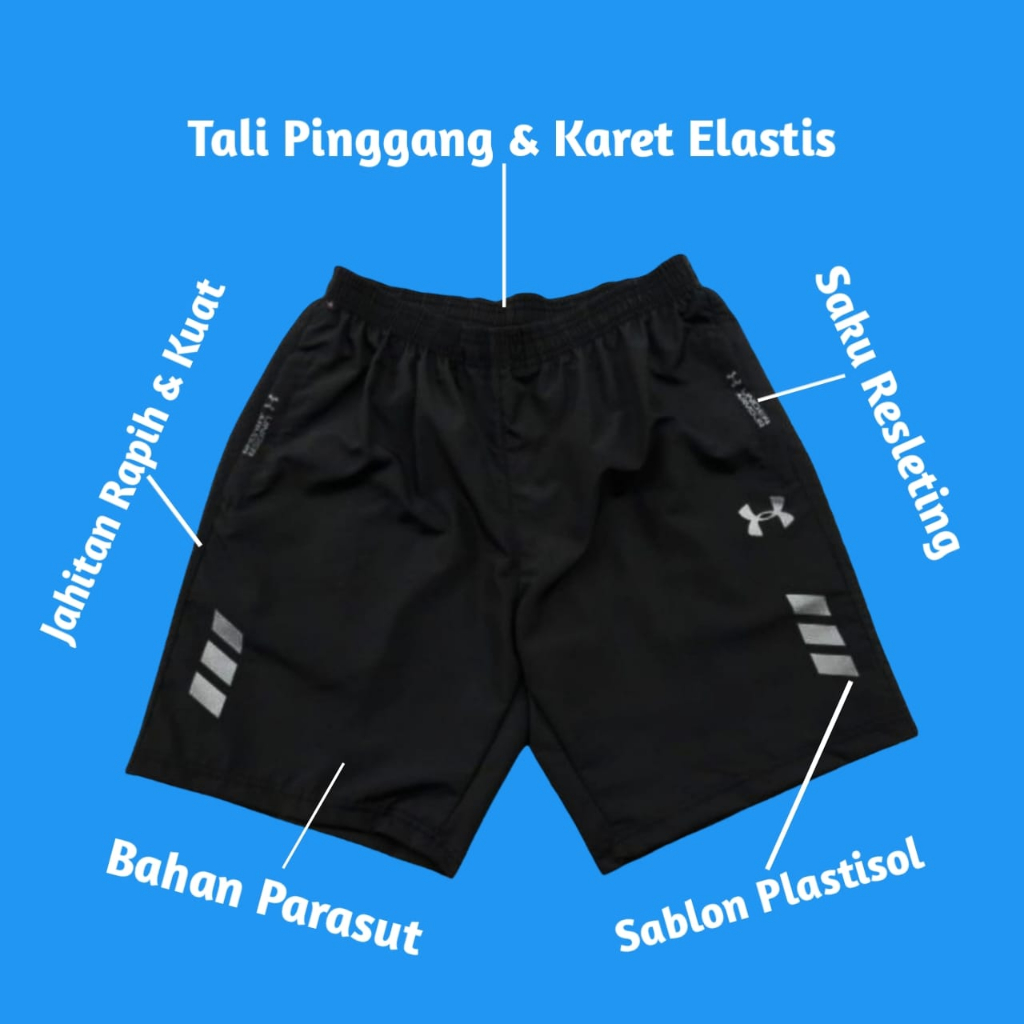 Celana Pendek Parasut Olahraga Saku Resleting Pria Wanita Running Gym Sport Kolor Volly Futsal Bulu Tangkis Jogging Bahan Berkulitas-UA Stripe