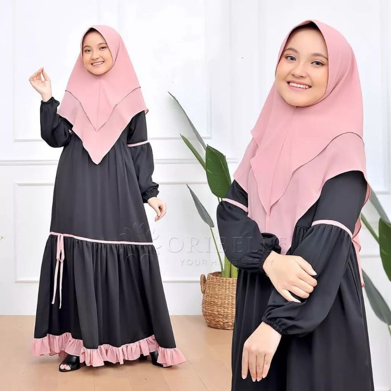 Gamis Remaja Anak Perempuan | Gamis syar'i polos anak perempuan | Baju muslim set anak perempuan tan