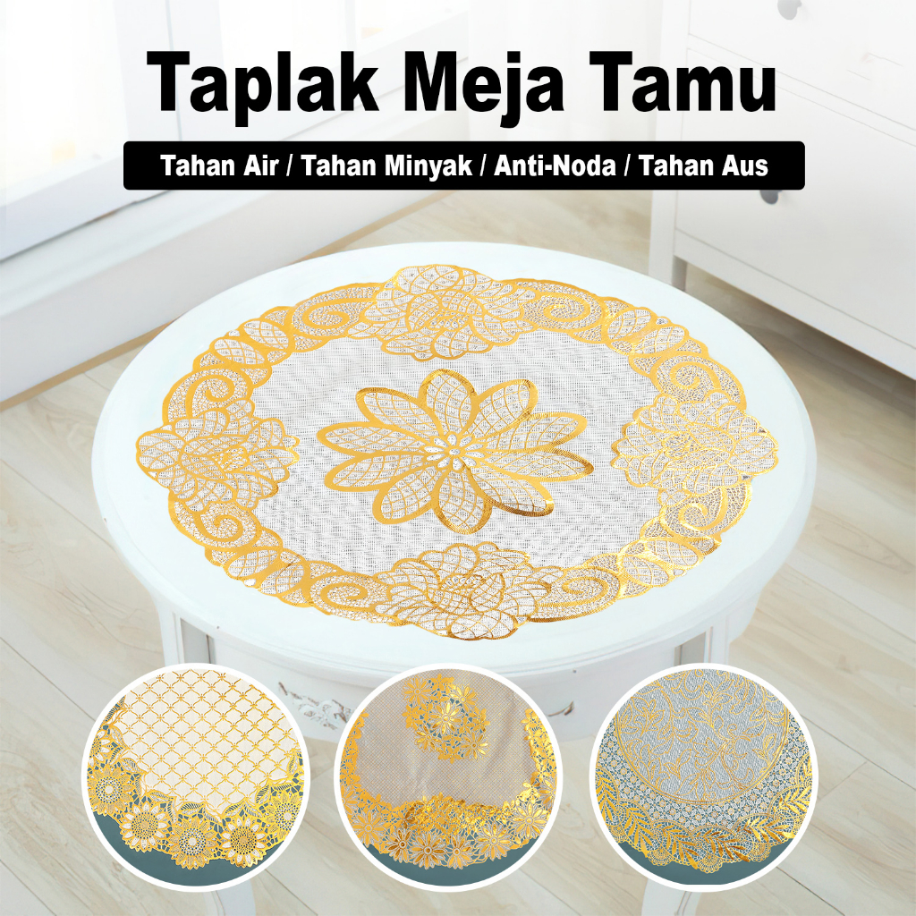 Taplak Meja Tamu PVC Tebal Premium Gold Motif Bulat Terbaru Size Diameter 50cm Bahan Anti Air Perlengkapan Dekorasi Rumah Tangga Import - D5 - 88_Blanketstore