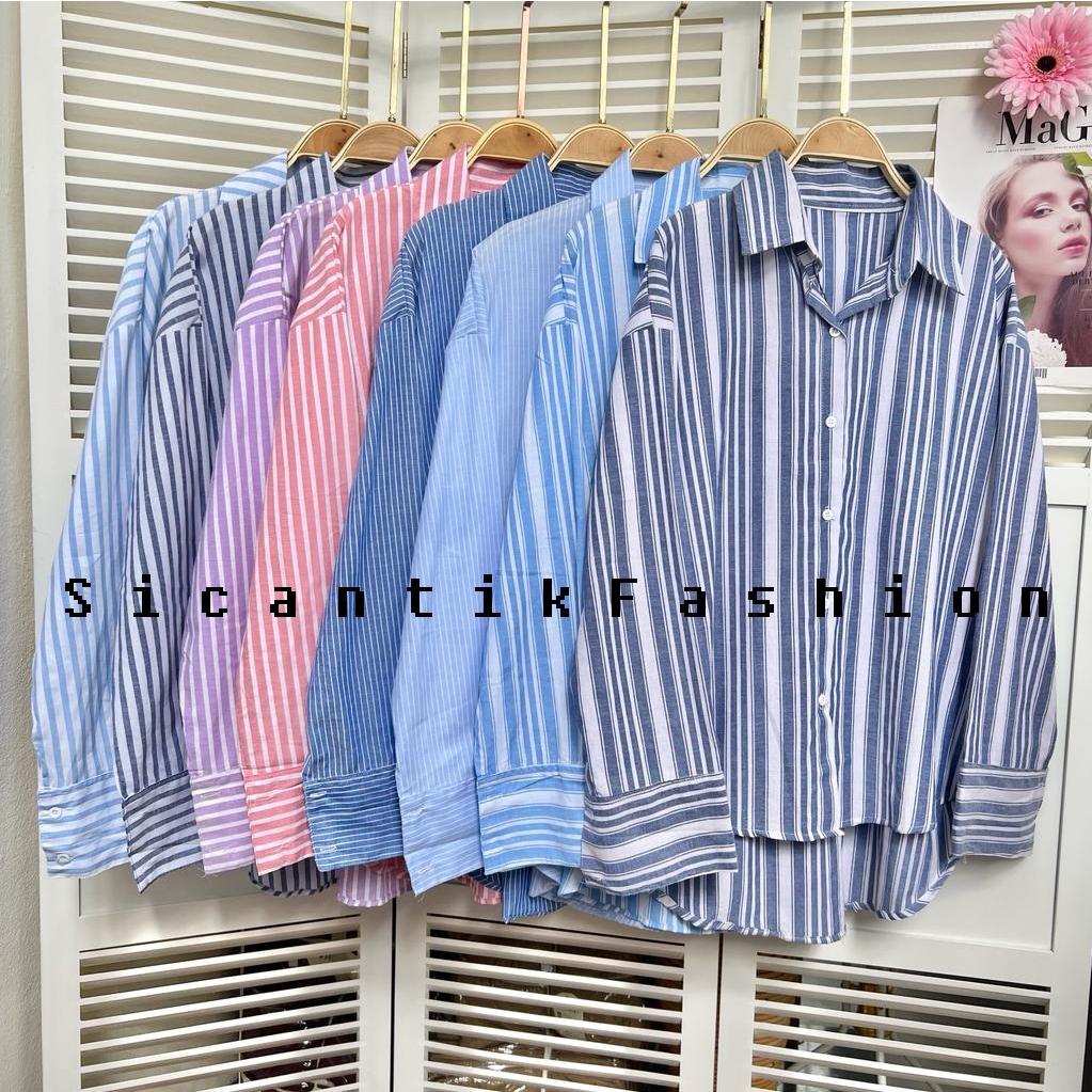 Kemeja Cewek Korean Style Motif Salur Bahan Katun Yandet